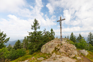 Summit cross of mountain Rachel in national park "Bayerischer Wald"