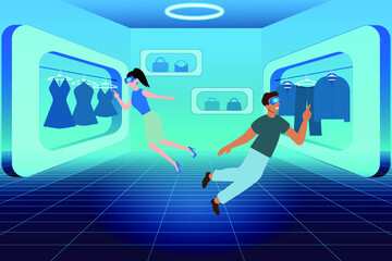 Metaverse virtual reality shop. People wearing VR goggles while shopping clothes in the metaverse illustration concept.
