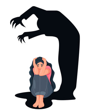 recommend clip art: A woman suffering from phobia and panic attacks. The concept of frustration. A frightened woman is afraid of a scary shadow monster. Psychology and Mental Health. Vector illustration in cartoon style