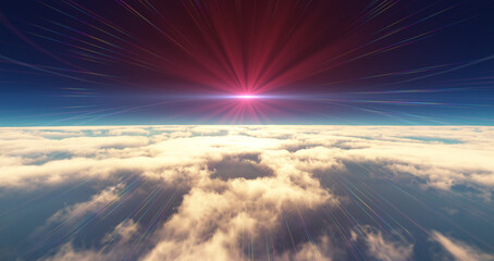 Fototapeta premium fly above clouds sunset landscape 3d render