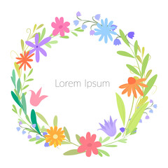 Fototapeta na wymiar Round floral frame. Beautiful, delicate flowers. Poster, template