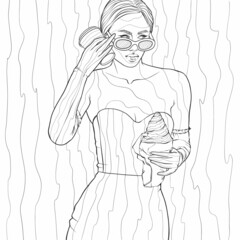 Girl with coffee and croissant.Coloring book antistress for children and adults.Illustration isolated on white background.Zen-tangle style.Hand draw