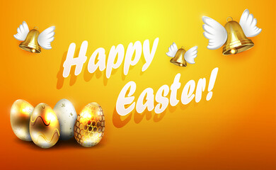 Orange composition with Easter eggs and bells with golden wings