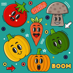 Vector Illustration of Vegetable Character Icon set with Carrot Illustration, Mushroom, Tomato, Pumpkin, Bell Paper. Good for Sticker, Creative poster design, etc