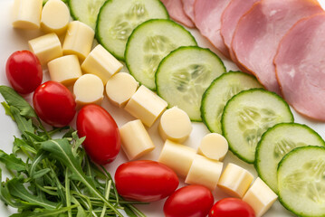 Healthy food for breakfast. A set of fresh vegetables and dairy products