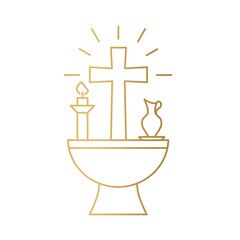 golden baptismal font with cross, candle and pitcher, christening symbols, God bless you, element for greeting card- vector illustration - obrazy, fototapety, plakaty