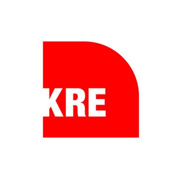 KRE company name initial logo monogram. KRE letters on red background.