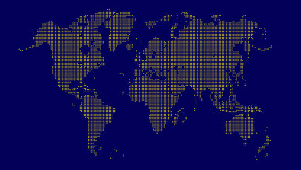 World map made of small yellow dots on blue background. Vector illustration
