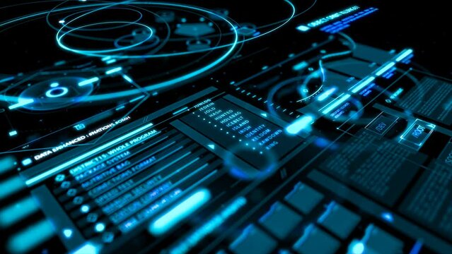 Blue futuristic head up display. Generic abstract technology motion background. Depth of field settings. 3D rendering