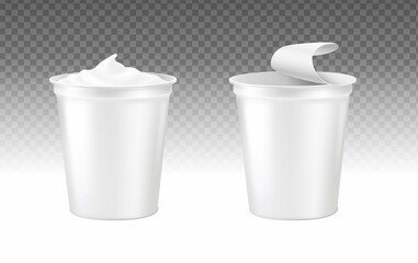 3d realistic vector icon set. sour cream cup with open lid and without lid. Yoghurt box on transparent background.