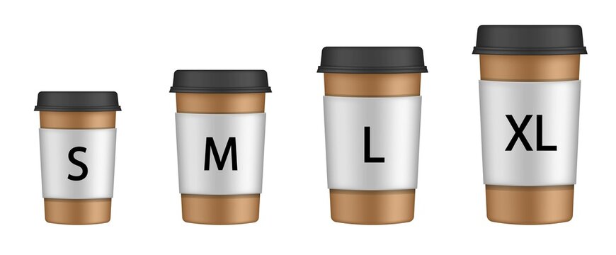 Vector Set Of Different Takeaway Hot And Cold Beverage Sizes. Paper Cup Size Chart: Small, Medium, Large, Extra-large. Coffee To Go. Take Away. Bar Menu