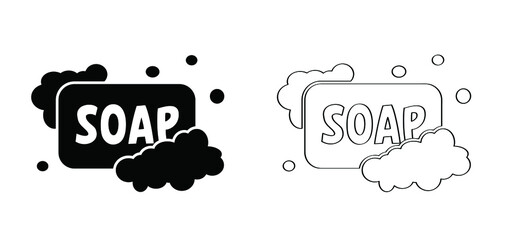 Cartoon bath soap with lather silhouette. Soap with foam and bubbles. Vector icon or symbol. Hand washing or cleanser. Personal hygiene, detergent
