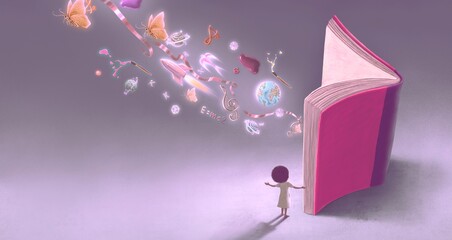 Education concept idea, A girl and a imagination book, fantasy painting, surreal art. conceptual 3d illustration. © Jorm Sangsorn