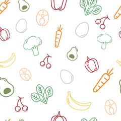 Food icons in outline style. Seamless pattern