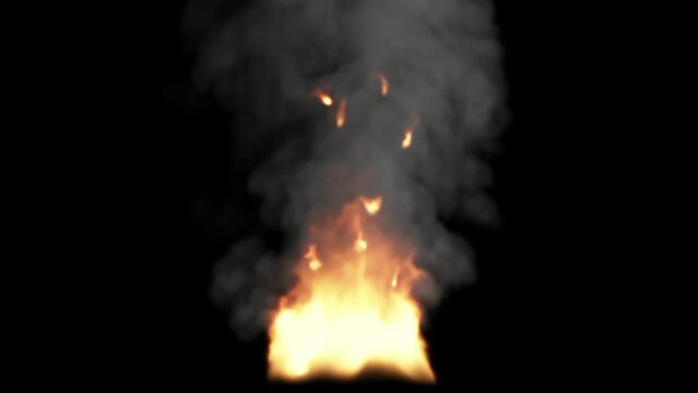 A bright fire burns on a black background and flames fly up with smoke.
