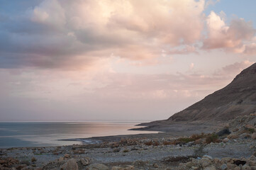 mountains and dead sea at sunset of a sunny day