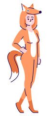 Woman wearing fox costume semi flat RGB color vector illustration. Posing figure. Entertainment industry career. Professional costume character performer isolated cartoon character on white background