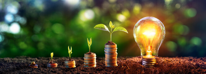 Energy And Money - Plants Growth And Lightbulb -  Small Trees On Coin Stack With Bulb-lamp - 487389875