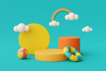 3d rendering of Summer vacation concept,colorfull podium display with summer elements,clouds and rainbow ,minimal style.3d render.