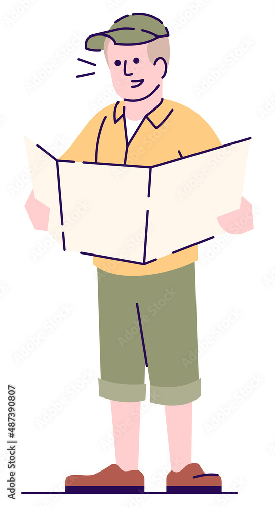 Poster adventurer with map semi flat rgb color vector illustration. standing figure. treasure seeker. perso