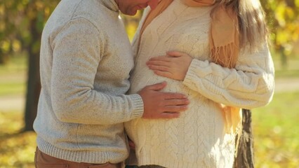Pregnant woman and man in warm knitted sweaters hug at sunny warm autumn park - Powered by Adobe