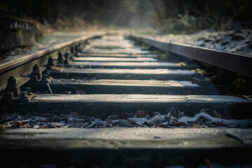 Abandoned railroad tracks covered with frost.