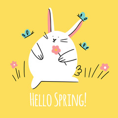 Cute easter bunny on a lawn with flowers and butterflies around him says «Hello Spring». Good for greeting cards, banners, invitations, flyers.