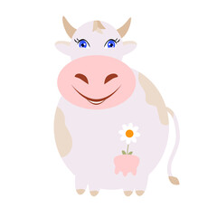 Cartoon cow with chamomile. Vector illustration