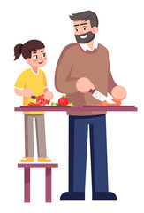 Father with daughter cutting ingredients for salad semi flat RGB color vector illustration. Dad arranging cooking class for kid at home isolated cartoon characters on white background