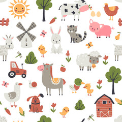 Seamless childish pattern with farm animals. Perfect for fabric, wrapping, textile, wallpaper, apparel. Vector illustration.