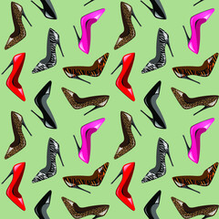 Obraz premium Women's high heel shoes with prints of different colors on a green background. Seamless pattern, vector illustration