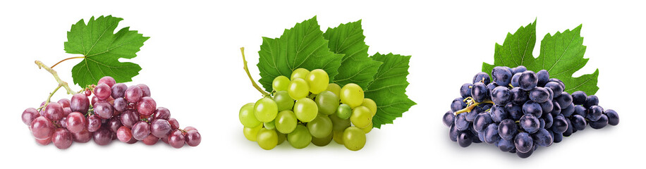 Set three bunch ripe red, blue, green grape with leaf