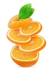 Orange fruit slice with green leaf flying in the air