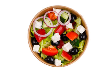salad with tomato cucumber olives and soft cheese on white background for restaurant menu