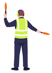 Aviation career semi flat RGB color vector illustration. Posing figure. Plane movement coordination. Airport terminal. Air traffic controller isolated cartoon character on white background © IMG visuals icons