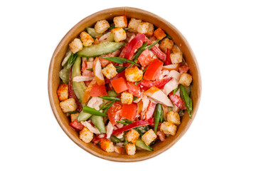 salad with red pepper cucumber croutons and smoked chicken on white background for restaurant menu