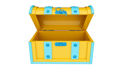 A cartoon chest toy in saturated colors of yellow and blue with an open lid. Isolated on white background. 3D rendering. 3d illustration