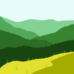 Flat landscape with green mountains and yellow grass field. Minimalistic trending landscape 