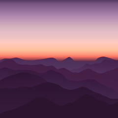 Fototapeta na wymiar Flat landscape with hills against the sunset sky in purple shades. Minimalistic trending landscape