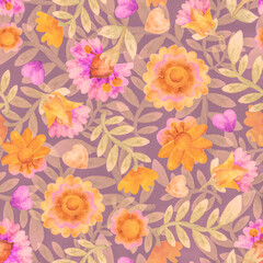 Fototapeta na wymiar Seamless pattern. Floral ornament. Watercolor pink and yellow flowers. Background for packaging, wrappers, textiles, postcards. Printing on fabric and paper.