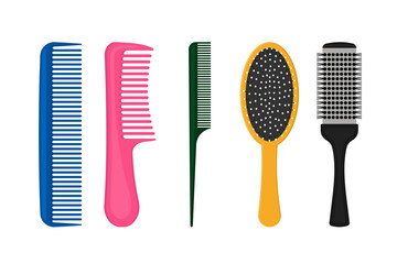 Various combs set of hairdresser. Hair care, combing, styling.