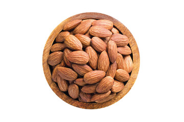 almond nuts peeled roasted in wooden bowl isolated on white background. Vegan food, top view.
