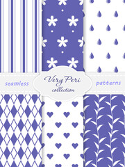 Very Peri collection of seamless patterns. Striped, hearts, rhombus, floral texture.