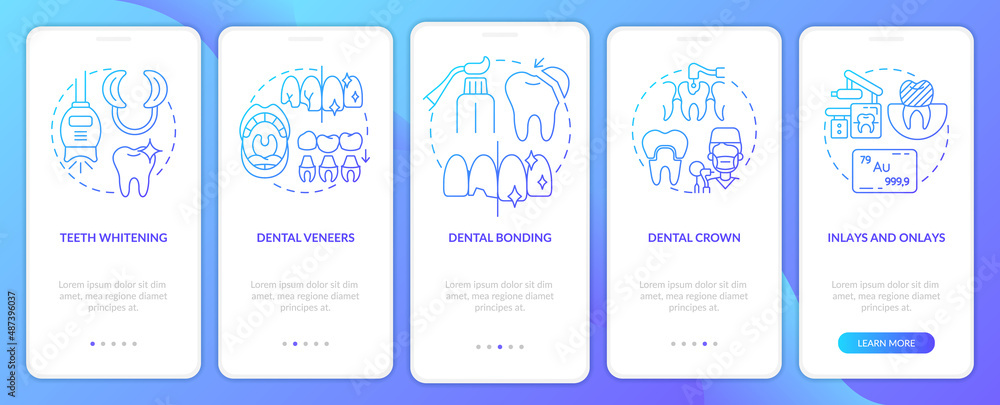 Poster cosmetic enhancement types blue gradient onboarding mobile app screen. walkthrough 5 steps graphic i