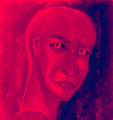 Red and black portrait of a bald man