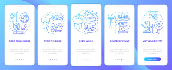 Veneers maintenance blue gradient onboarding mobile app screen. Walkthrough 5 steps graphic instructions pages with linear concepts. UI, UX, GUI template. Myriad Pro-Bold, Regular fonts used