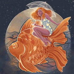 beautiful red-haired girl mermaid swims on a goldfish in a heavenly sea of ​​moonlight - 487396836