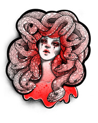 tattoo sketch head of a beautiful woman medusa gorgon with snakes - 487396837