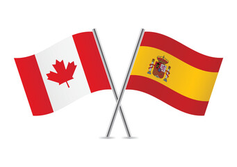 Canada and Spain crossed flags. Canadian and Spanish flags isolated on white background. Vector icon set. Vector illustration.