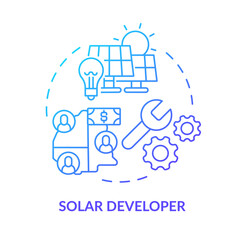 Solar developer blue gradient concept icon. Renewable energy system. Power purchase agreements abstract idea thin line illustration. Isolated outline drawing. Myriad Pro-Bold fonts used